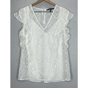 White House Black Market White Eyelet Ruffle Blouse Size Large
